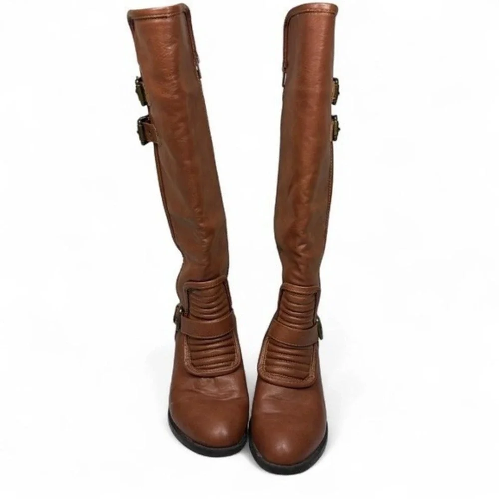 Jacobies Brown Faux Leather Knee High Boots Womens Sz 6.5 Buckle Side Zip Riding